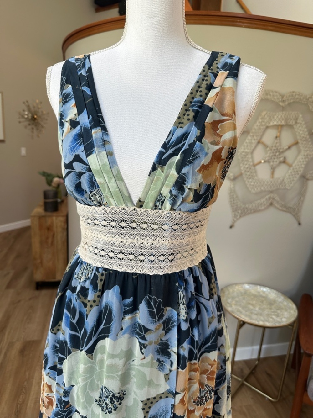 Free People Navy Multi Floral Midi Dress with Crochet Waistband - Picture 2 of 13